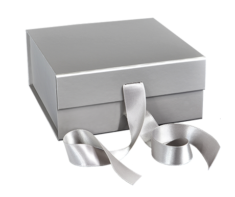 Matte Silver - Magnetic Ribbon Tie Gift Box - 8 x 8 x 3-1/8"