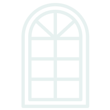 A black and white illustration of a window with an arched top and divided panes.